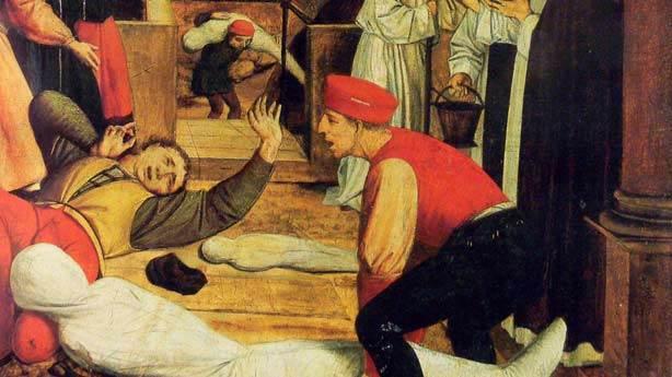 RESİM:(Aziz Sebastian, Justinianus Veba sırasında vebadan etkilenen bir mezar kazıcısının hayatı için İsa'ya yalvarır. (Josse Lieferinxe, 1497-1499 dolayları)
